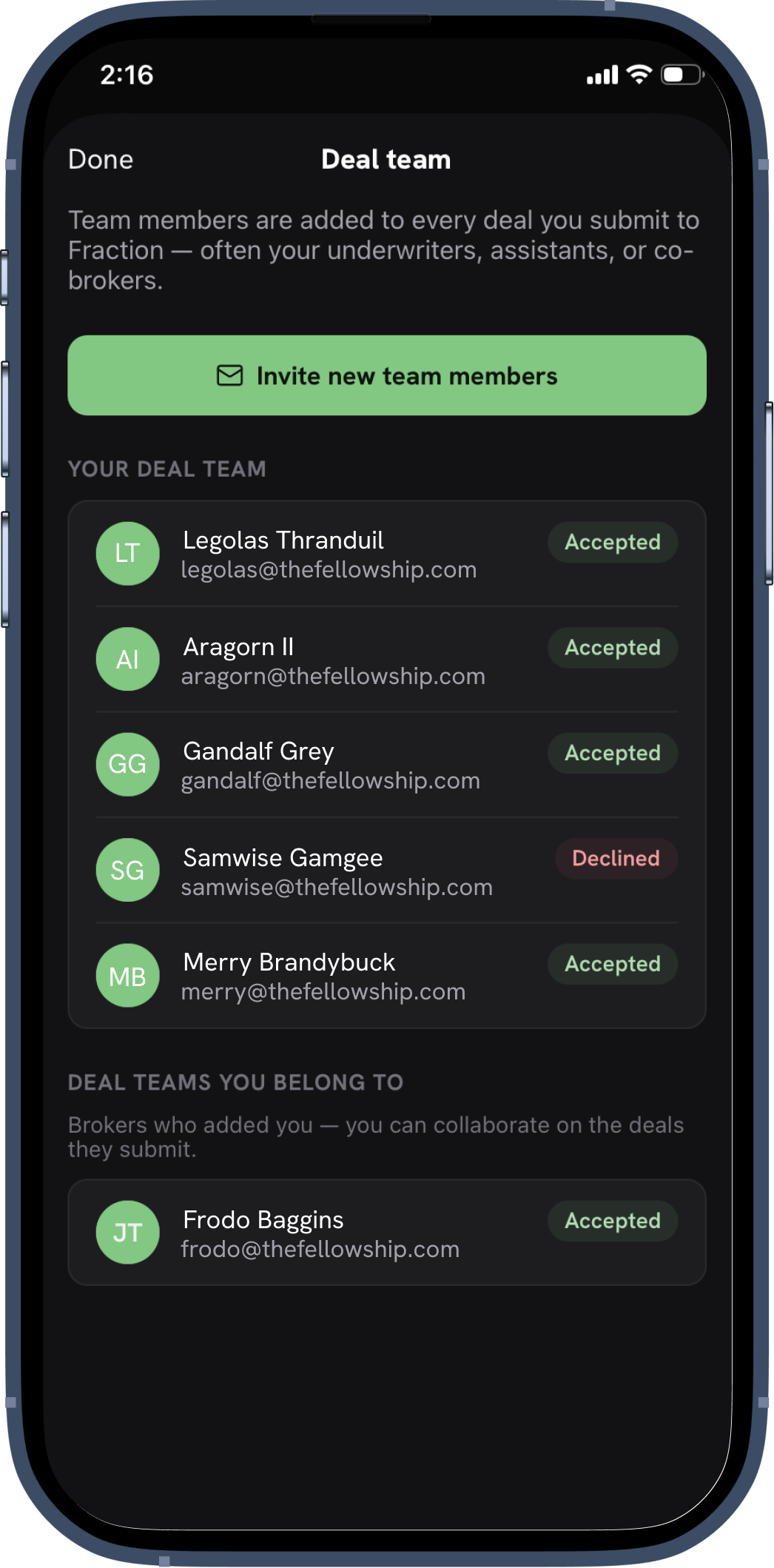 Grid app showing deal team management
