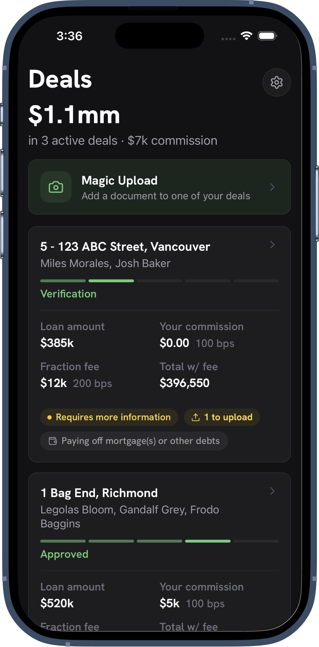 Grid app showing active deals
