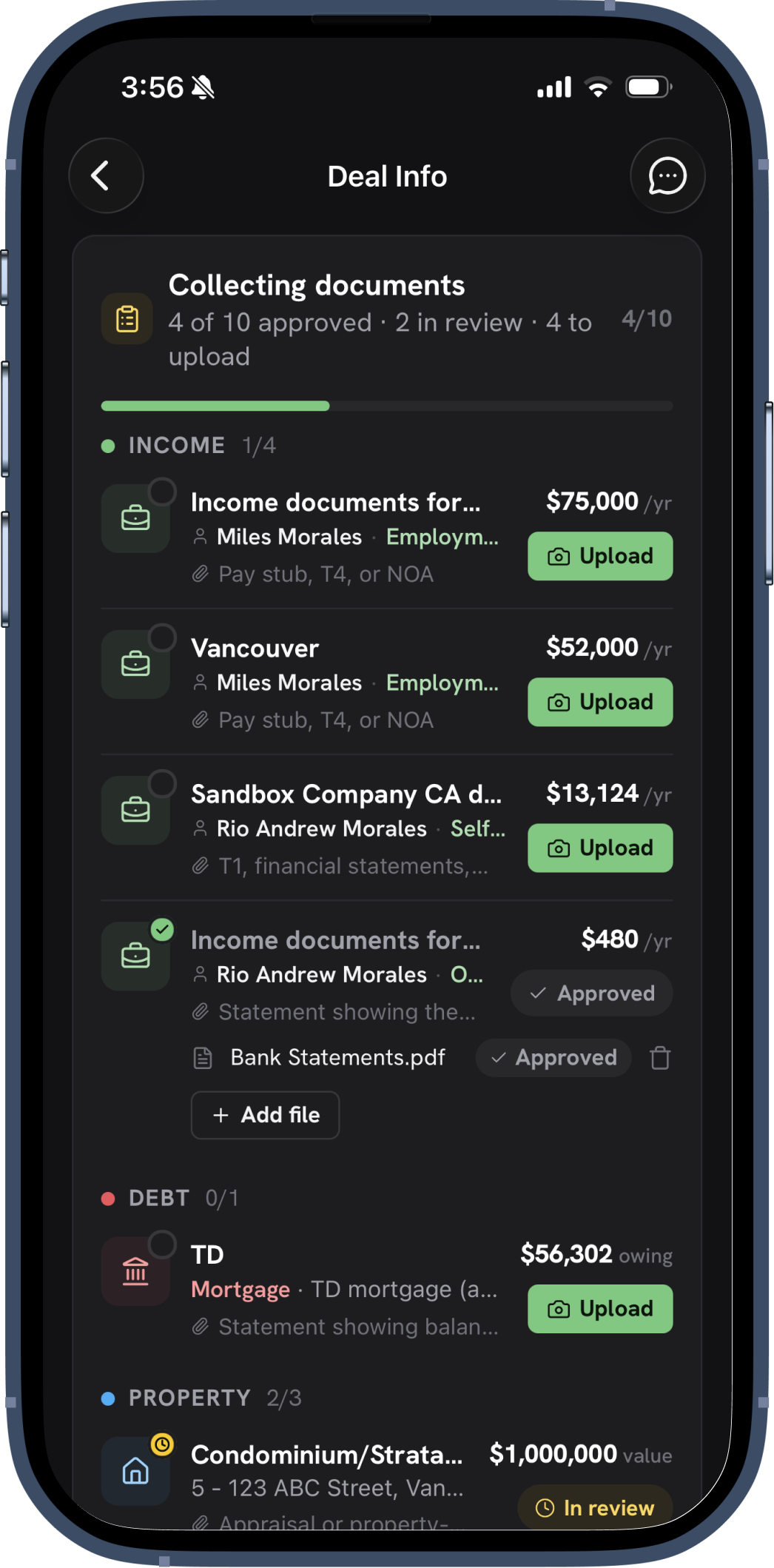 Grid app showing document upload flow